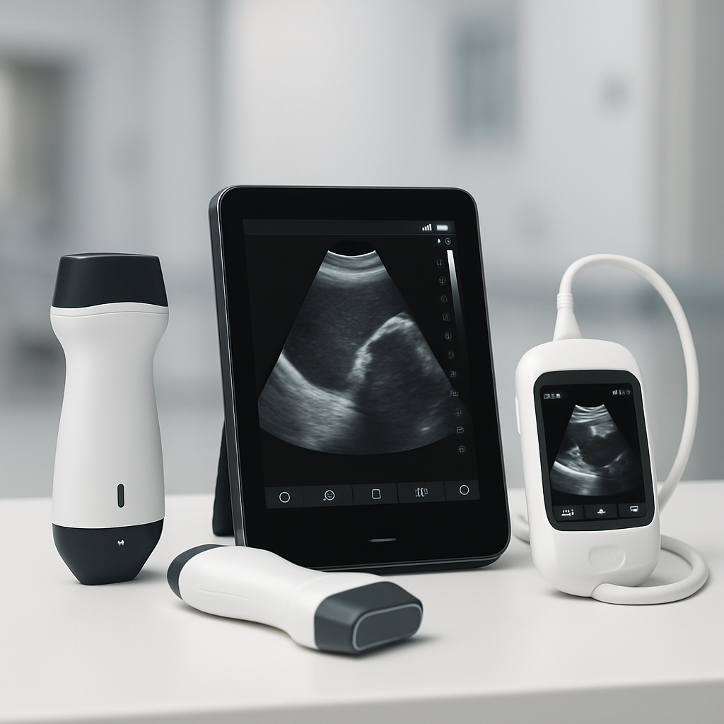 Handheld and compact portable ultrasound devices arranged for inspection and export
