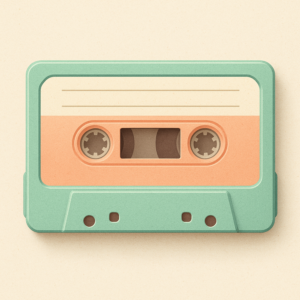 Retro pastel cassette tape with rounded edges, soft mint and peach body, and handwritten label