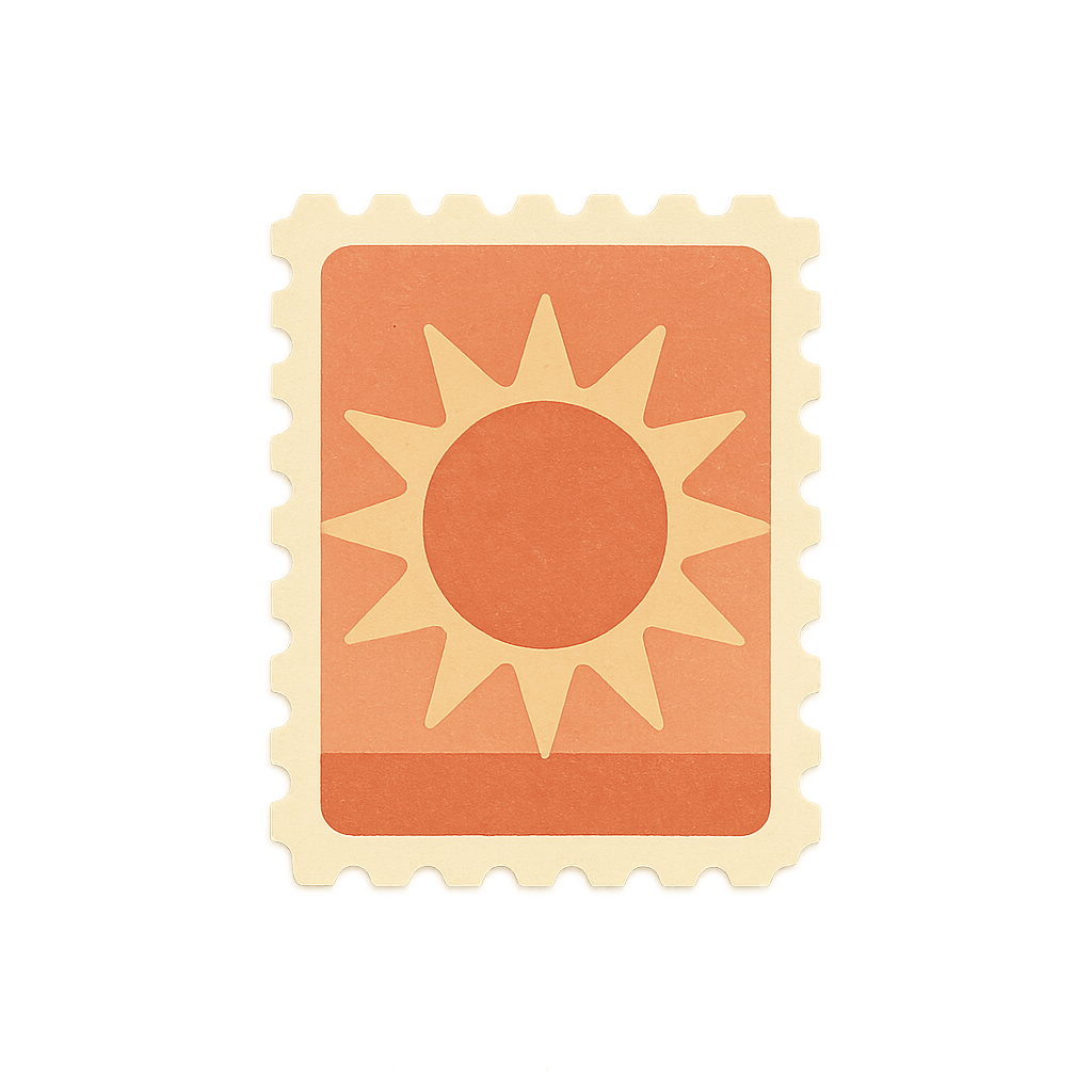 Small retro postage stamp sticker with sunburst icon in muted coral and cream