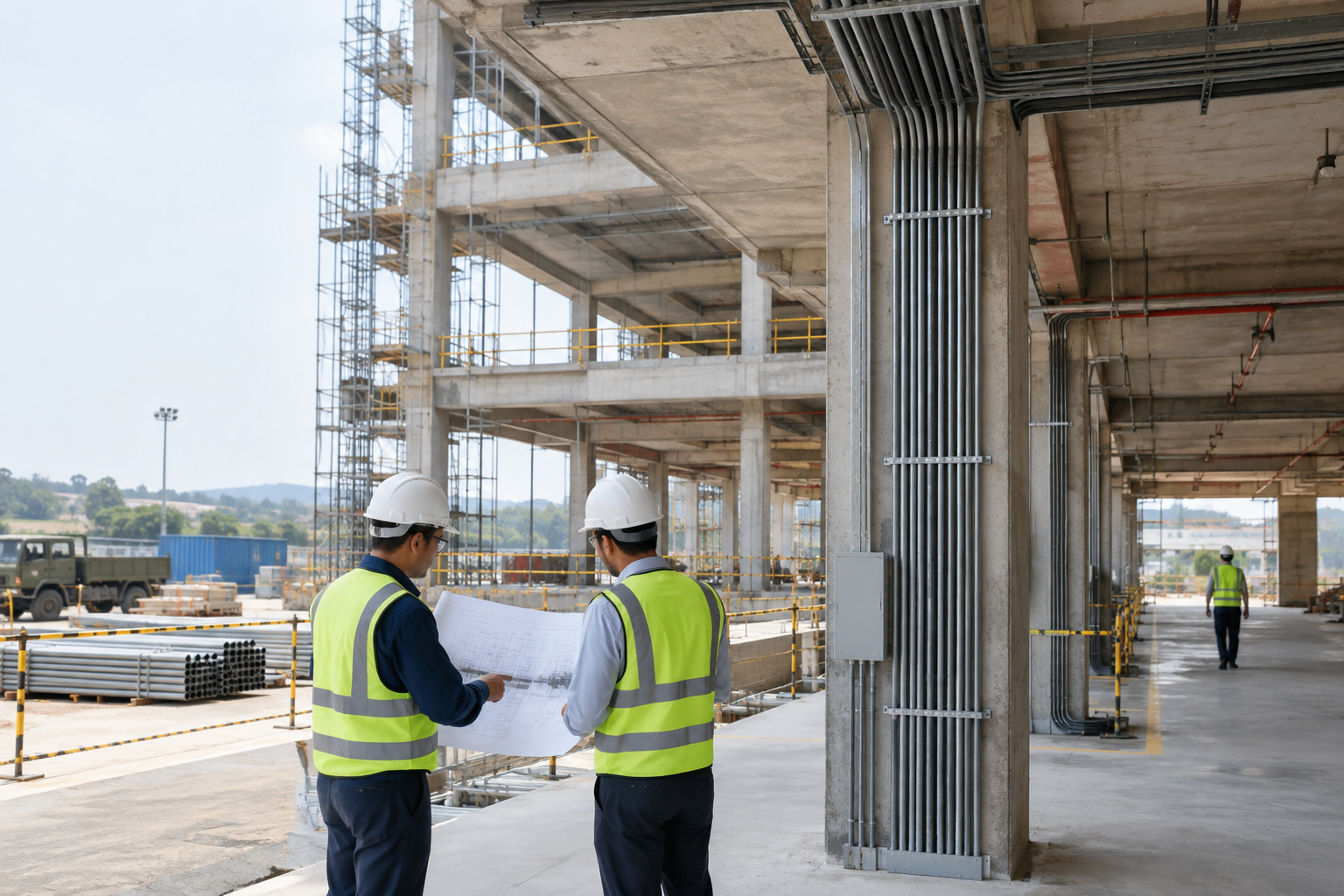 Disciplined institutional construction site with engineers reviewing structural and electrical layout near reinforced concrete works