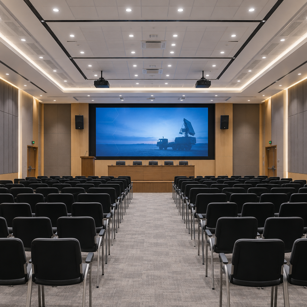 Professional conference hall interior with integrated presentation wall, structured seating, and acoustic finishes