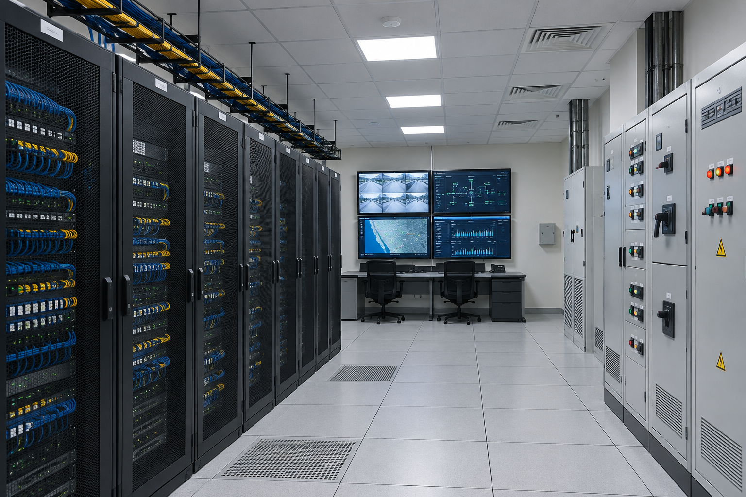 Disciplined technical infrastructure room with organized network racks, labeled cabling, monitored control screens, and secure institutional systems