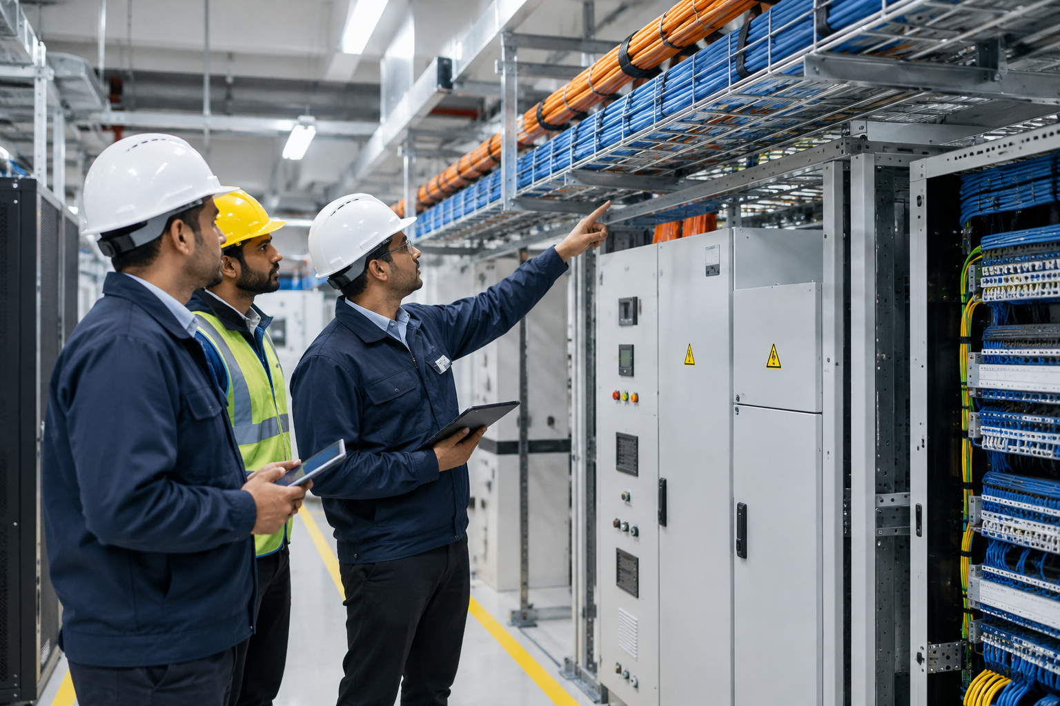 Field engineers in safety helmets performing structured electrical and network cable installation at an institutional project site