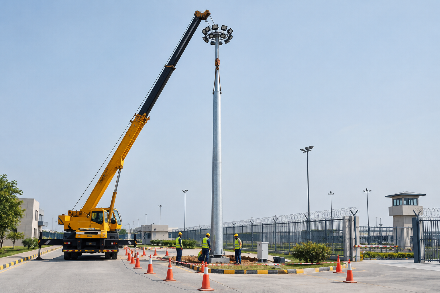 Night-ready high mast lighting pole installation at a secured campus roadway with lifting crew and safety barricades