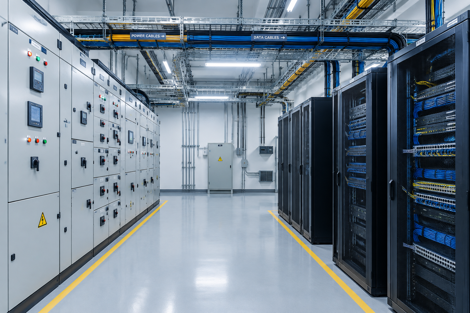 Clean institutional infrastructure room with organized electrical switchboards, labeled cable trays, and networking racks installed in a professional government facility