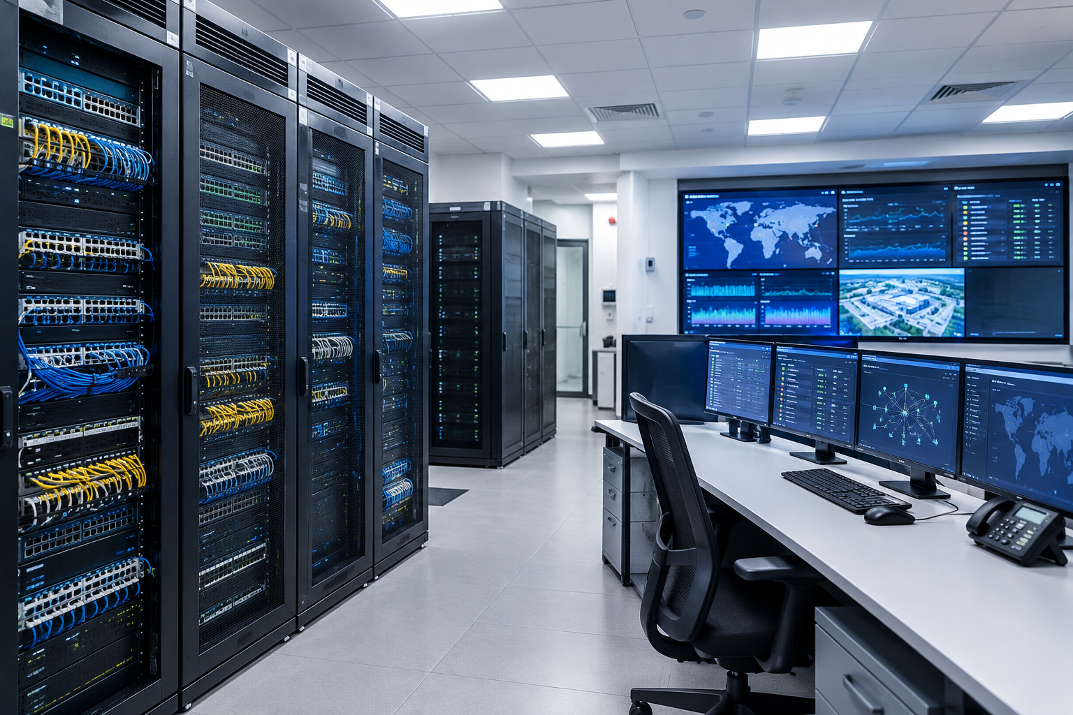 Institutional network control room with rack-mounted switches, patch panels, and monitored system integration infrastructure