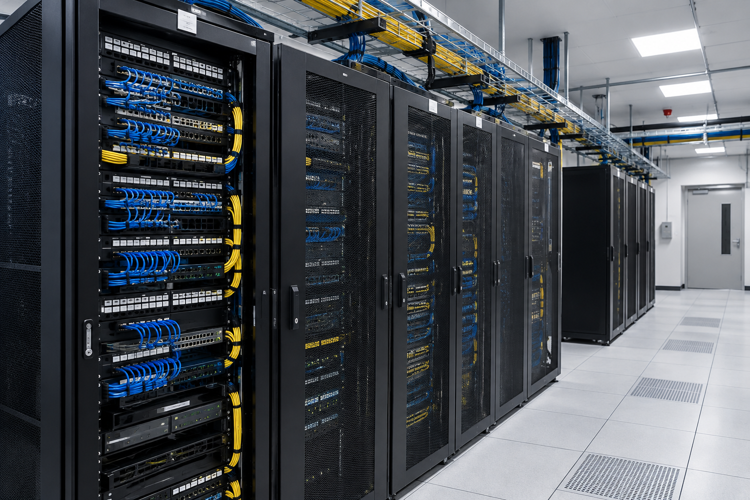Organized server and control-cabling zone with labeled patch panels, structured trays, and monitored network equipment