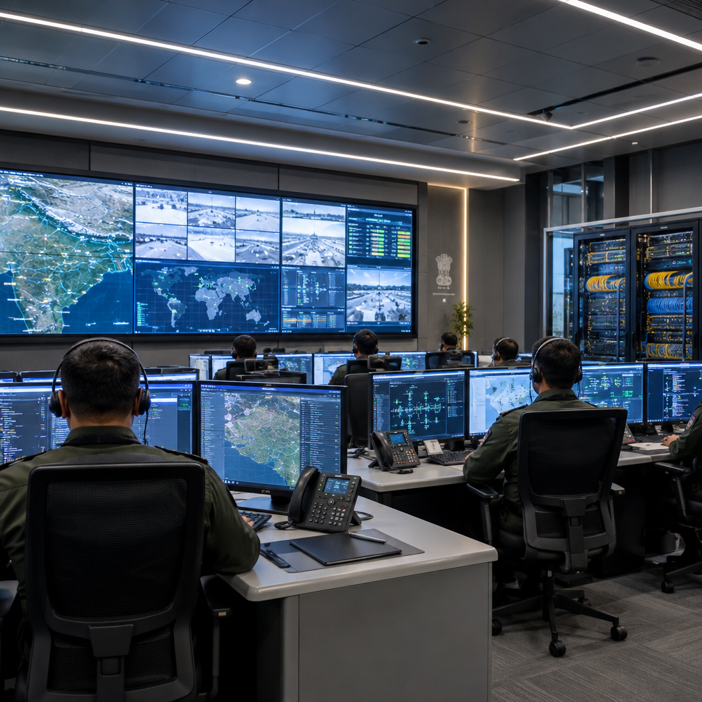 Operations room environment with coordinated display wall, workstations, and organized cable infrastructure