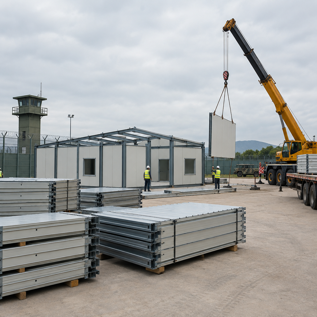 Prefabricated PEB shelter modules positioned for installation at a secure field infrastructure site