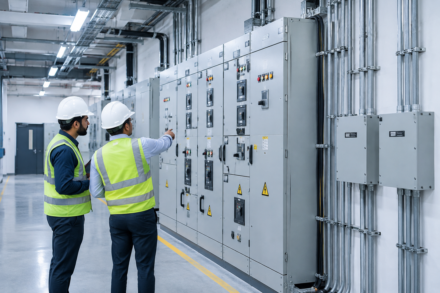 Engineering team executing electrical conduit and panel installation in a structured institutional building corridor