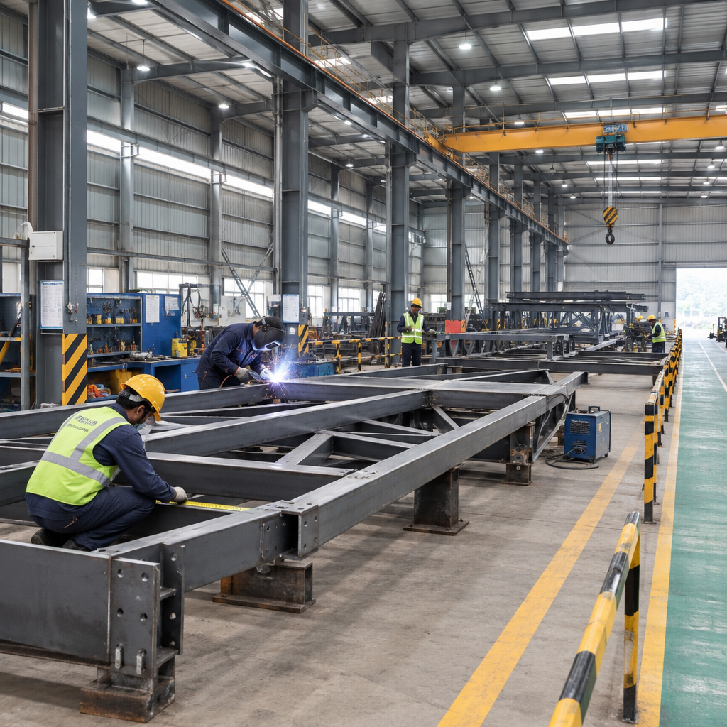 Fabricated steel members and truss assemblies inside a professional structural workshop with safety markings