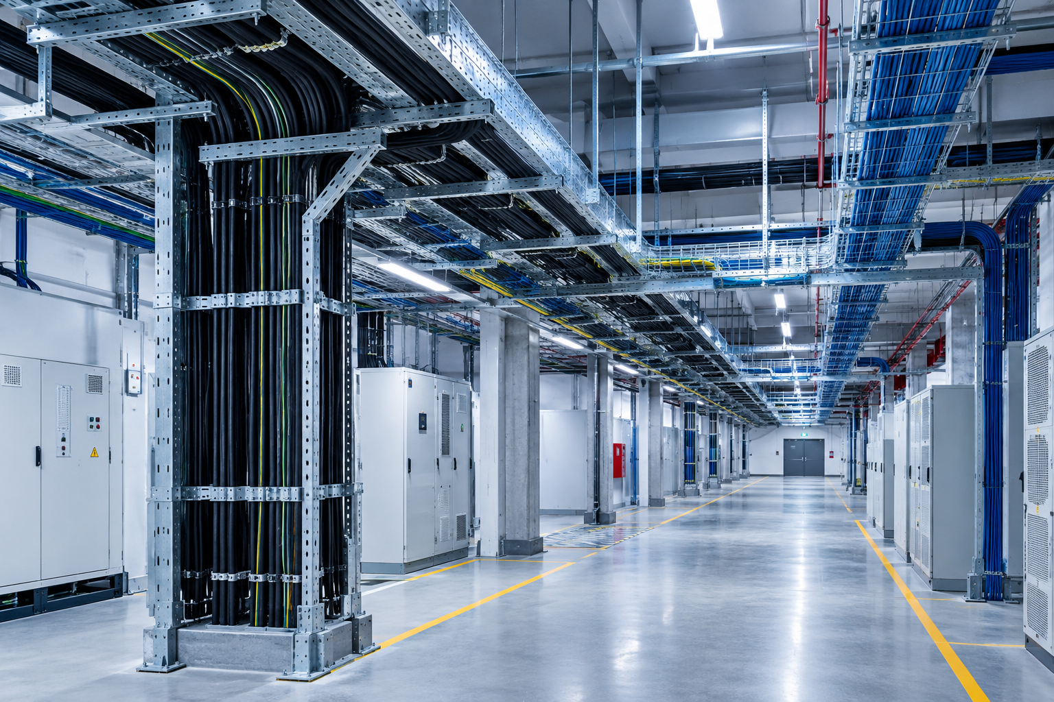 Structural service bay with aligned cable tray routing, secured terminations, and clearly marked electrical pathways