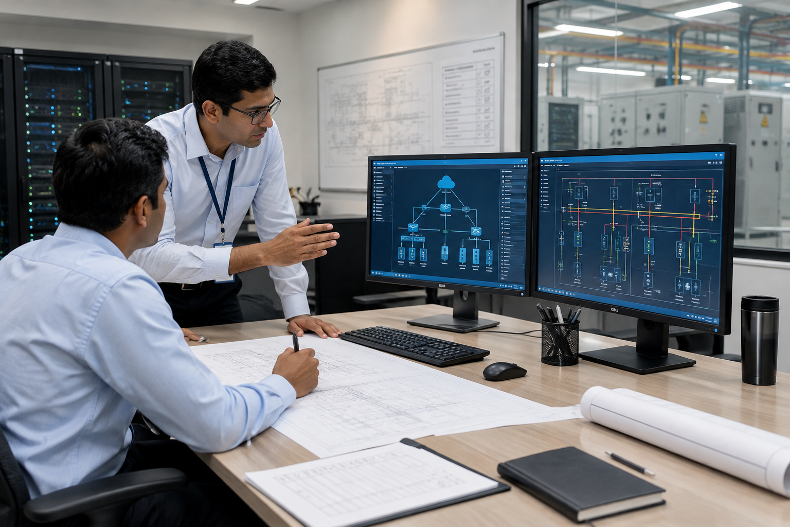 Technical coordination desk with project drawings, network monitoring displays, and team collaboration in a controlled operations office