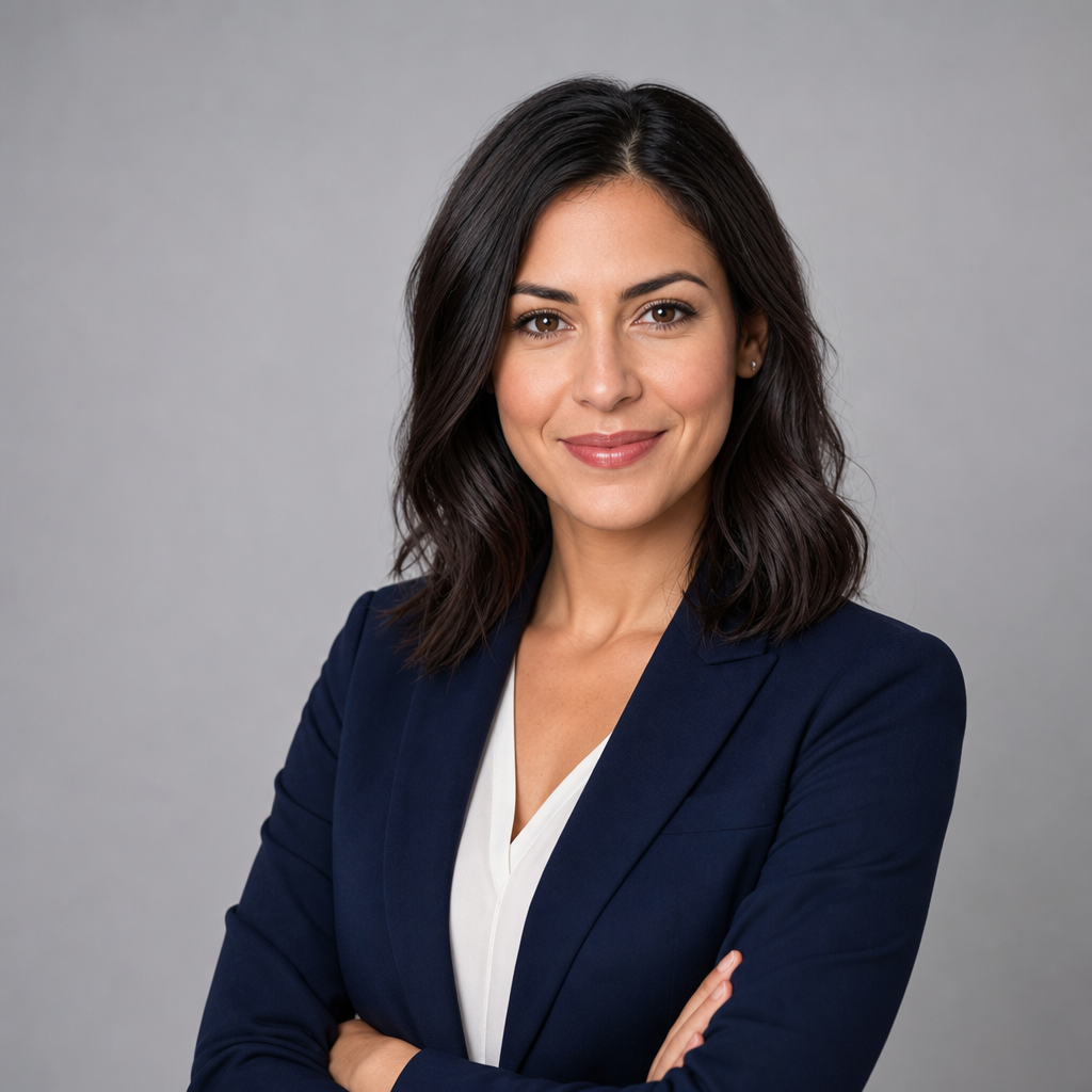 Professional woman with shoulder-length dark hair wearing a navy blazer