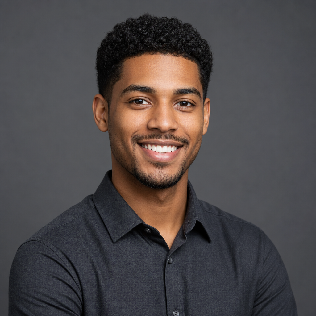Smiling man with short curly hair wearing a charcoal button-down
