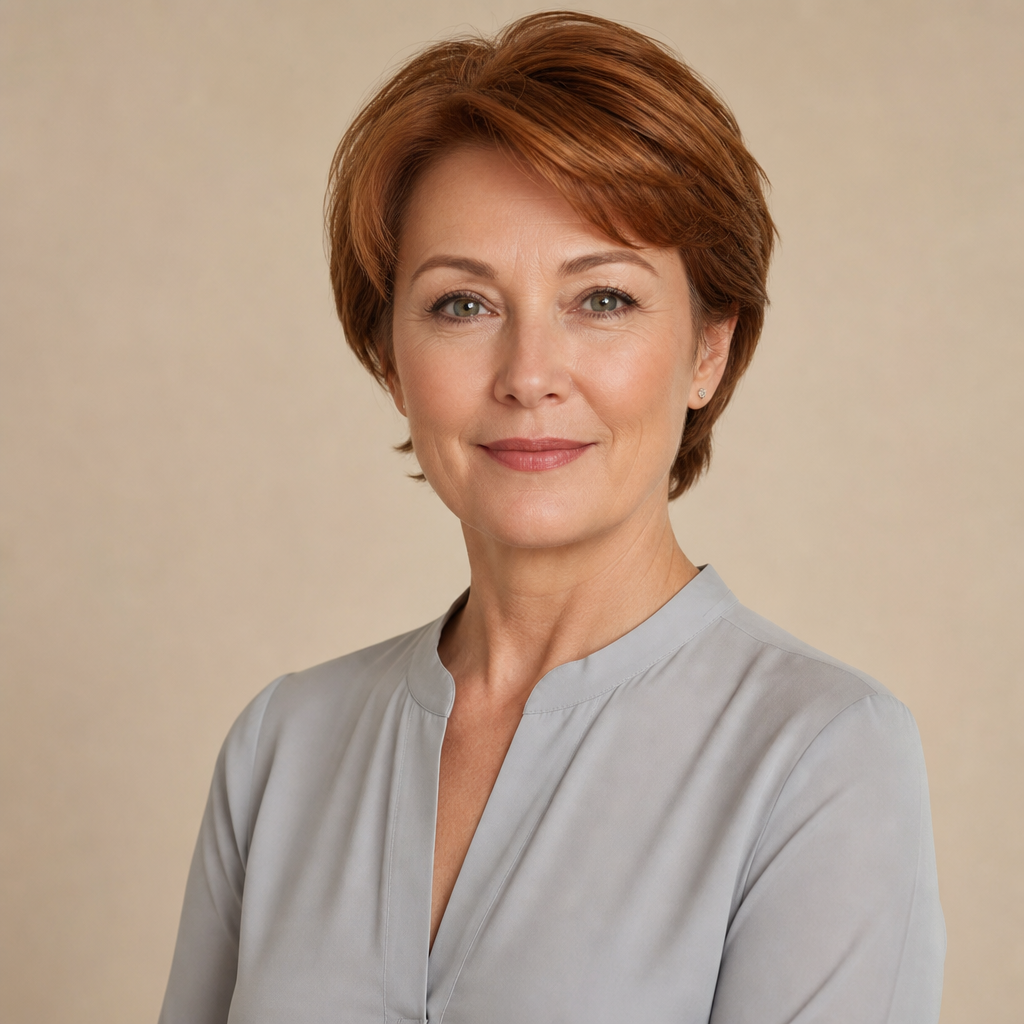 Middle-aged woman with short auburn hair in a light gray blouse