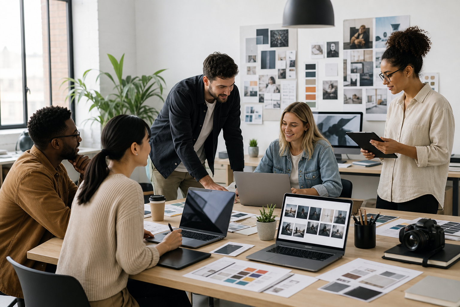 Creative agency team collaborating at a modern studio workspace