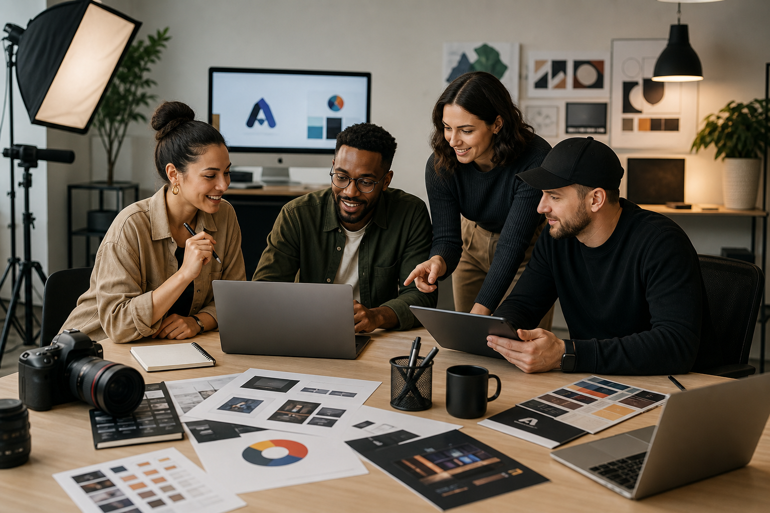 Modern creative studio workspace with designers collaborating around laptops, cameras, and brand mockups