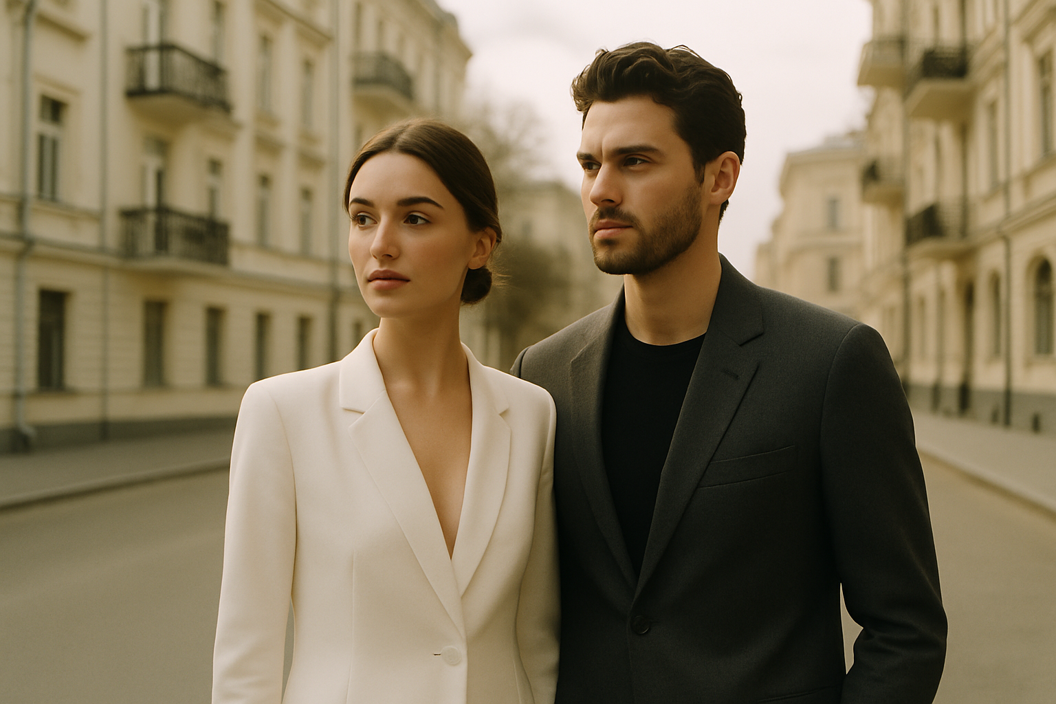 Elegant couple in Kyiv captured in soft cinematic light
