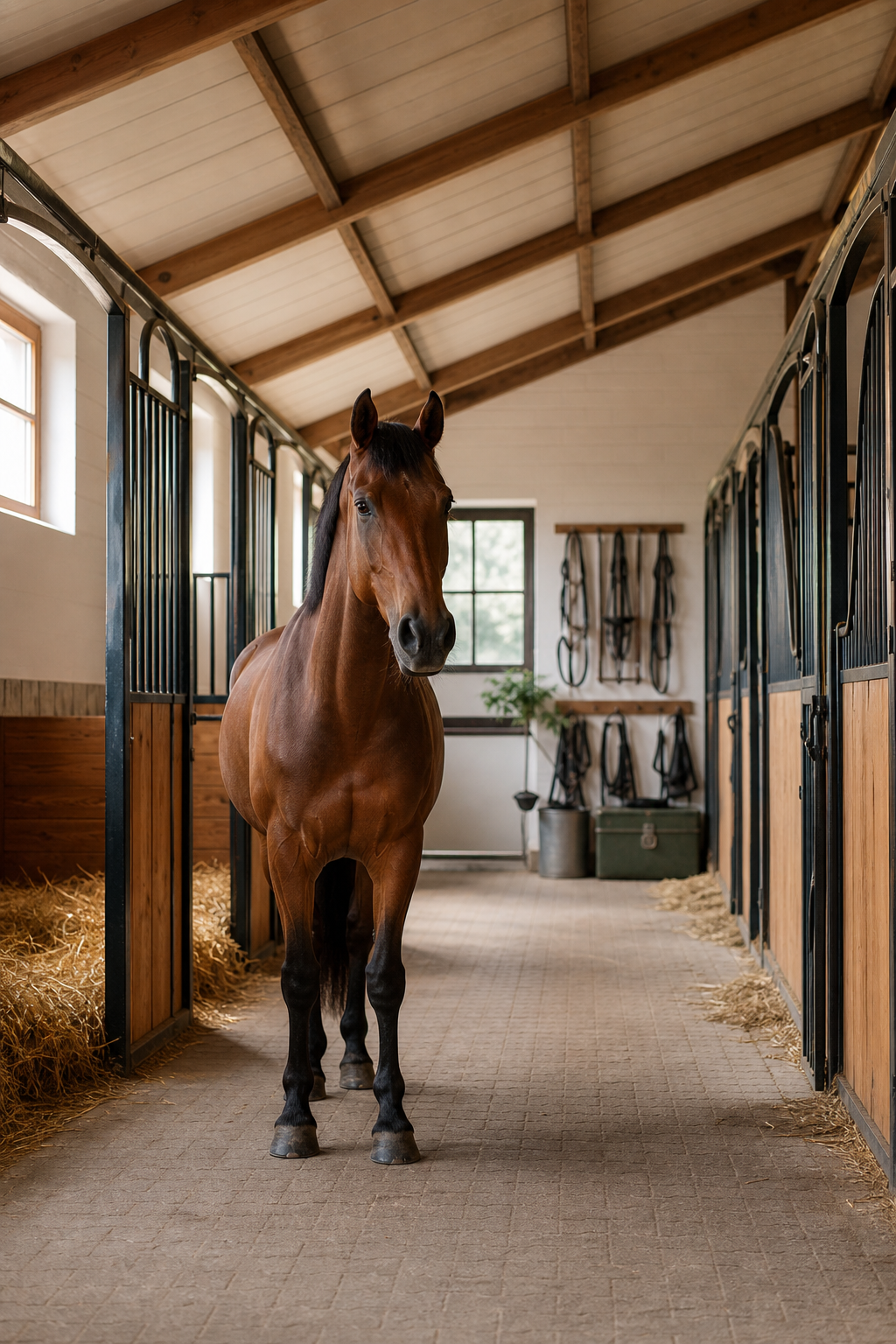 Calm bay horse standing in a tidy, sunlit stable aisle with clean stalls and fresh bedding