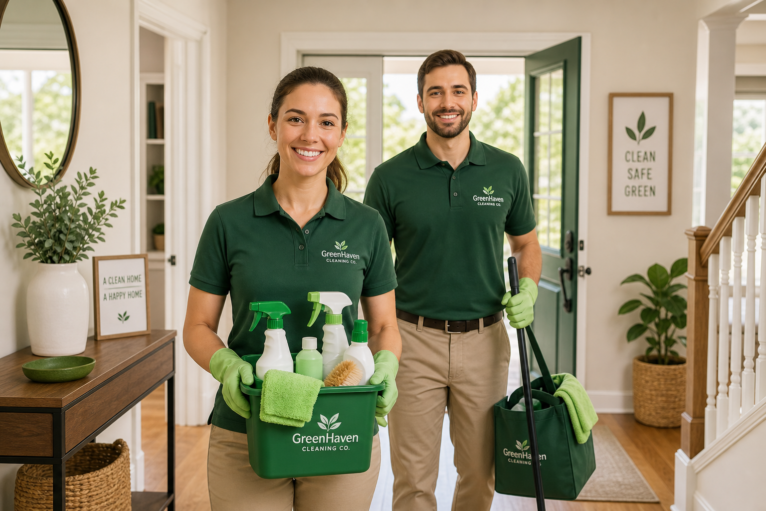 Friendly cleaning professionals in uniforms carrying eco-friendly supplies inside a bright home entryway