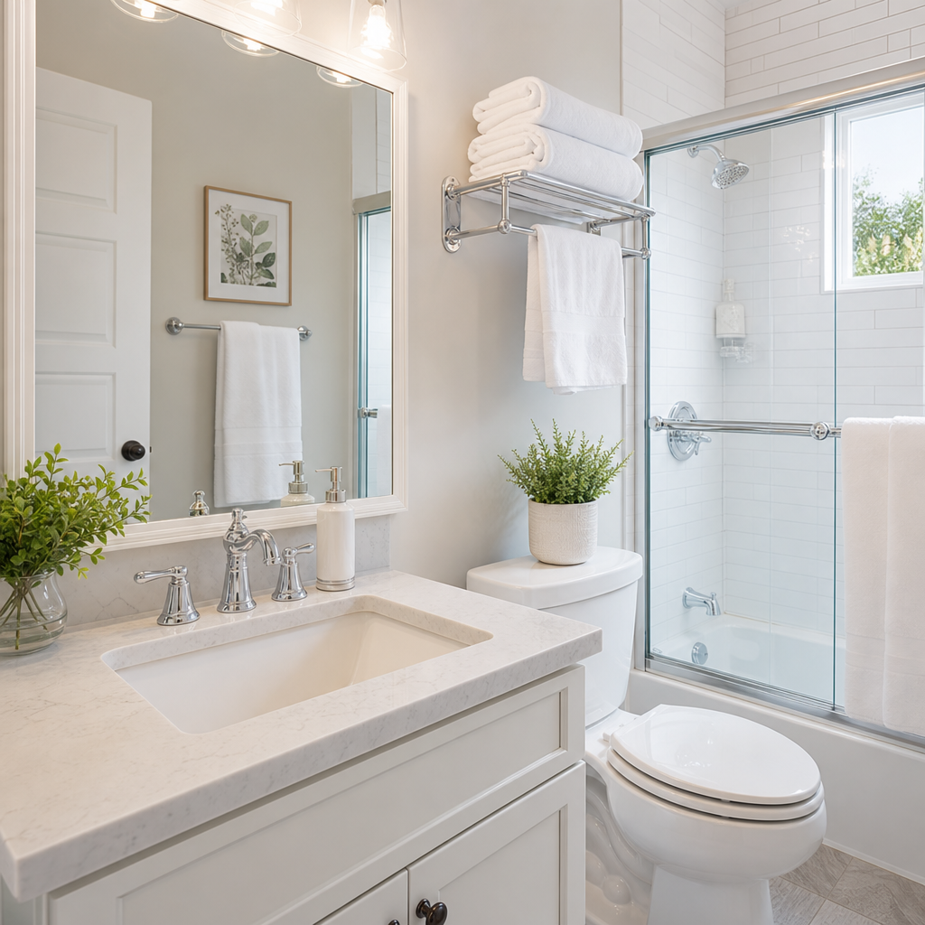 After: a clean bathroom with polished fixtures, spotless mirror, and fresh white towels