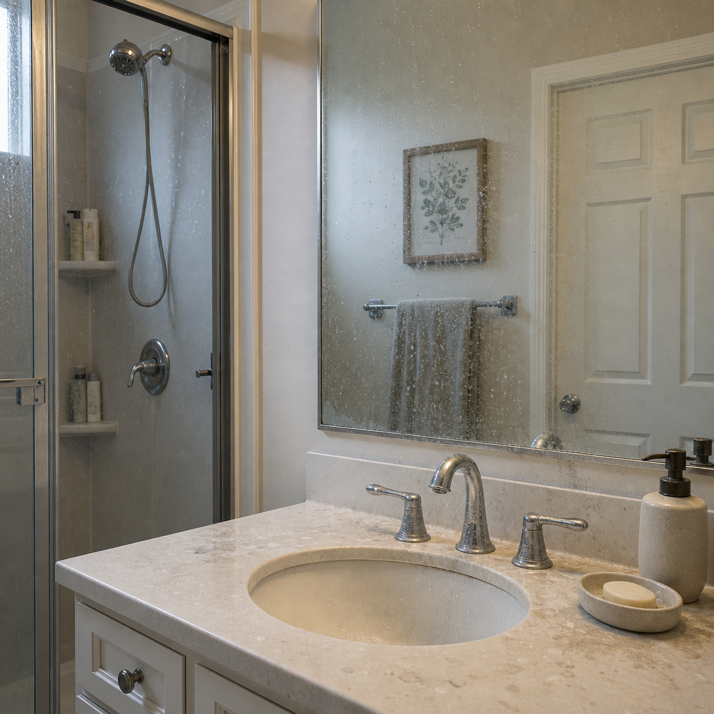 Before: a small bathroom with water spots on the mirror and soap residue