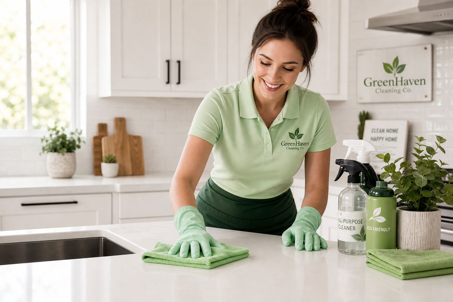 Professional cleaner in a soft green uniform wiping a bright kitchen counter in a modern Albany home with eco-friendly supplies