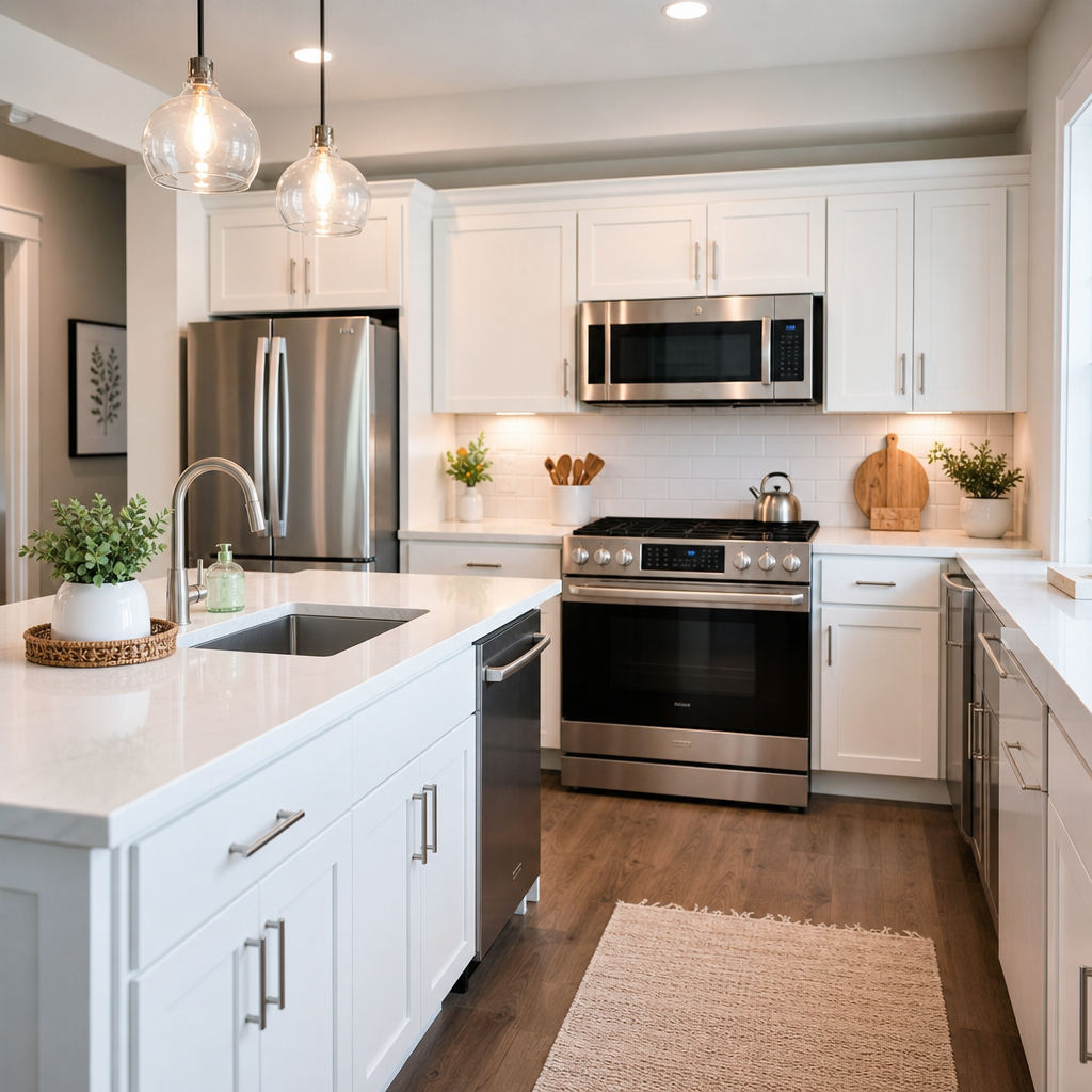 After: a bright modern kitchen with polished counters and sparkling stainless appliances