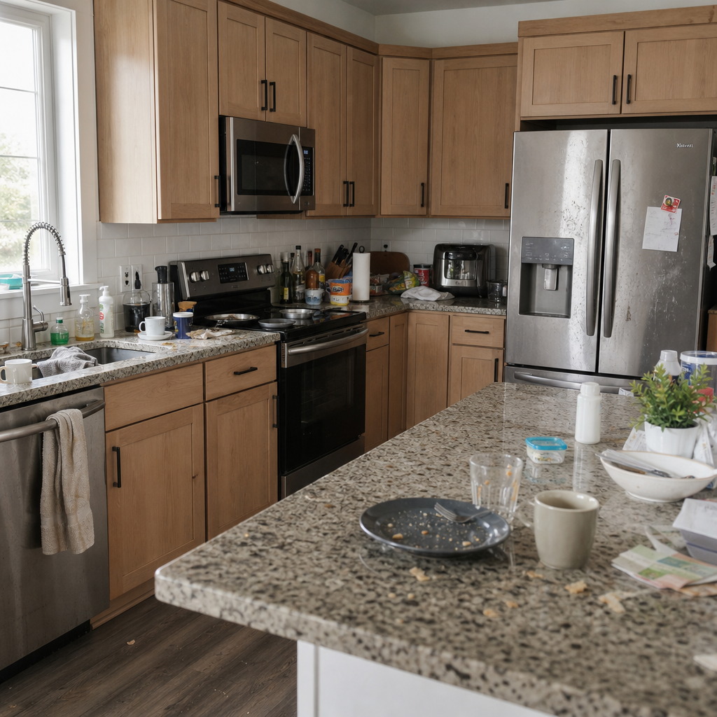 Before: a cluttered modern kitchen with smudged counters and dull stainless appliances