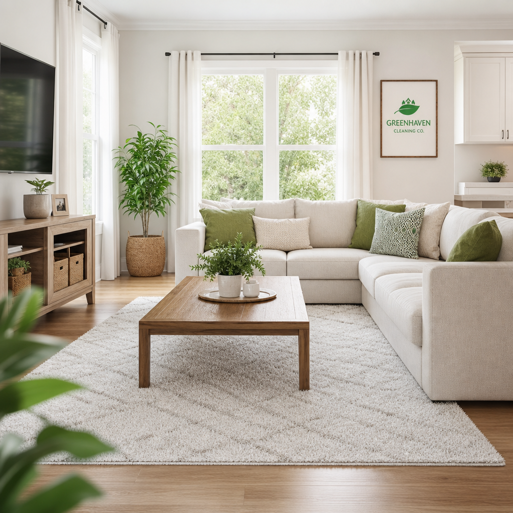 After: a tidy living room with vacuumed rug, clean coffee table, and arranged pillows