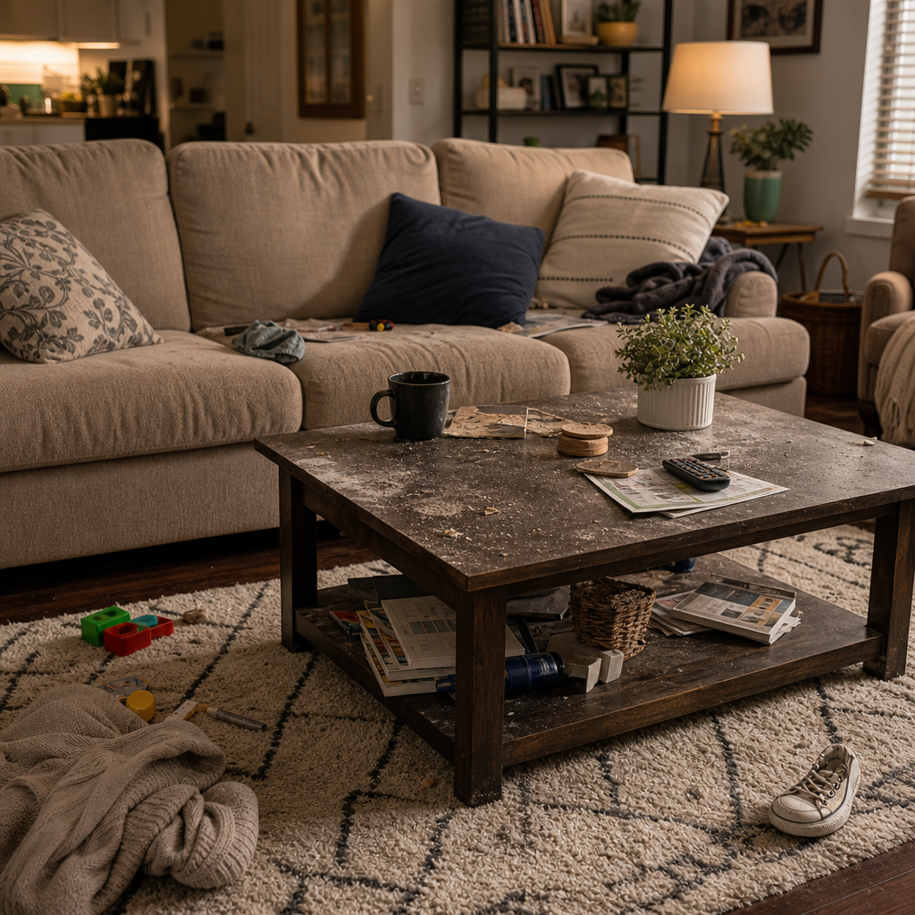 Before: a cozy living room with dusty surfaces and scattered items