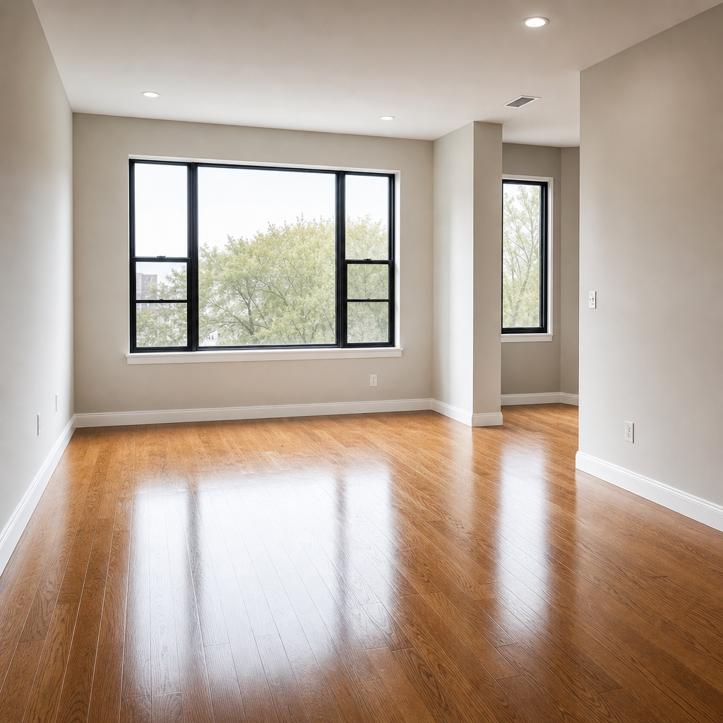 After: an empty apartment room with gleaming floors and cleaned baseboards