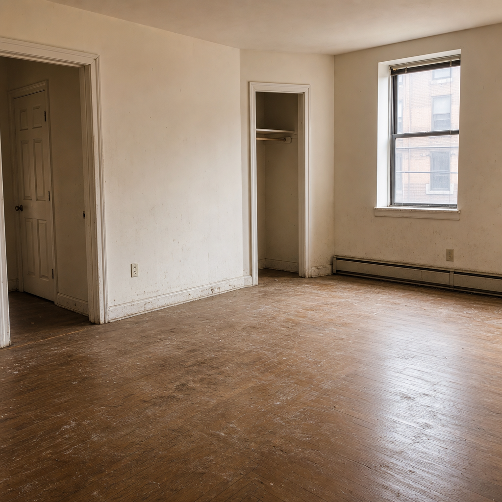 Before: an empty apartment room with dusty baseboards and scuffed floors