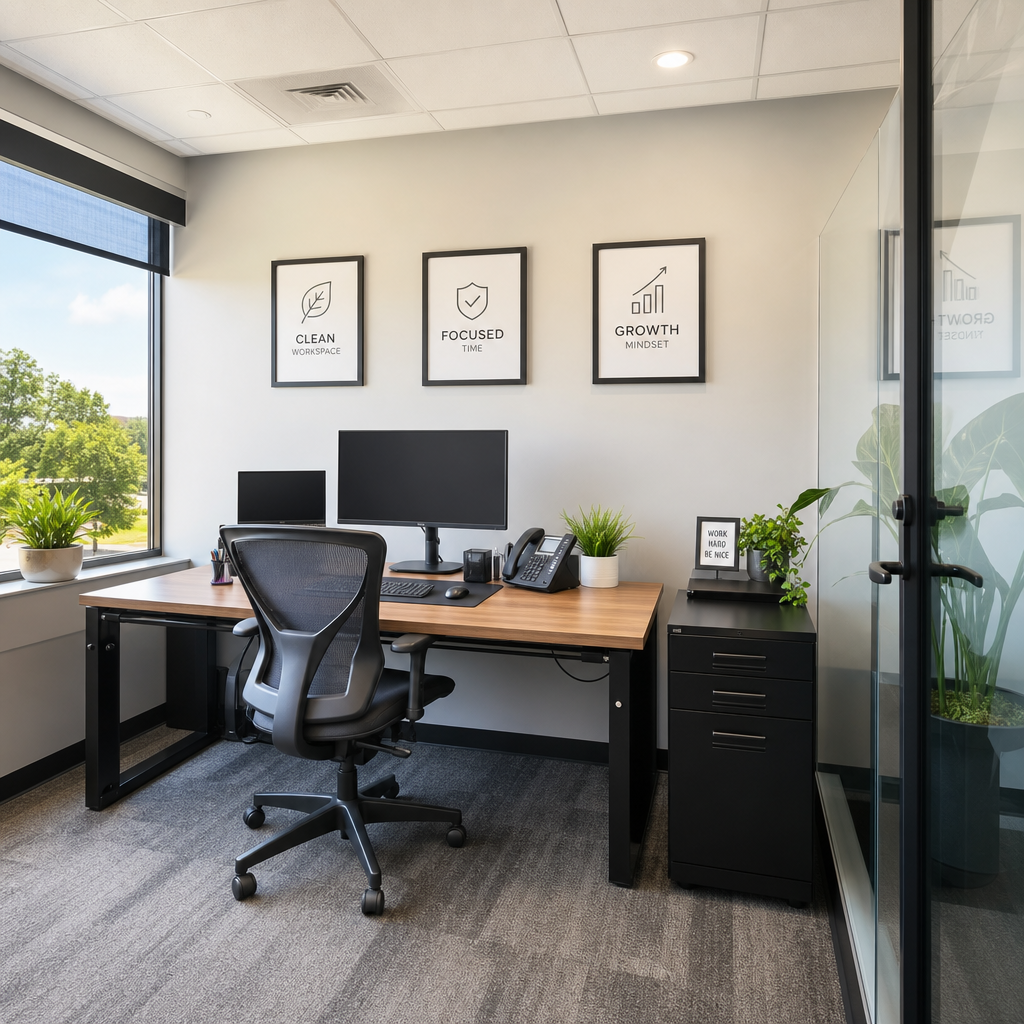 After: a clean office with organized desk, polished glass, and neatly arranged accessories
