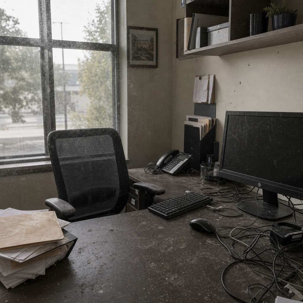 Before: a small office with dusty desk, messy cables, and smudged glass