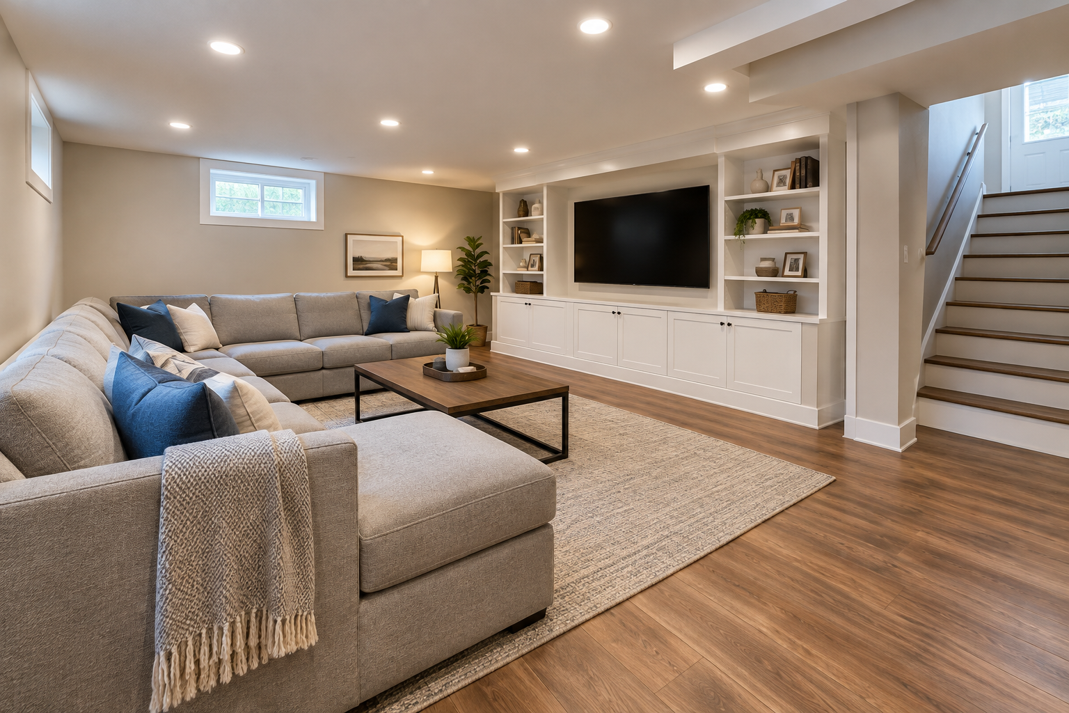 Finished basement family room with recessed lighting, built-in shelves, and warm wood-look flooring