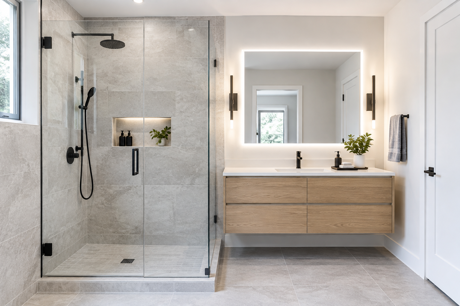 Modern bathroom remodel with walk-in shower, matte black fixtures, and light stone tile