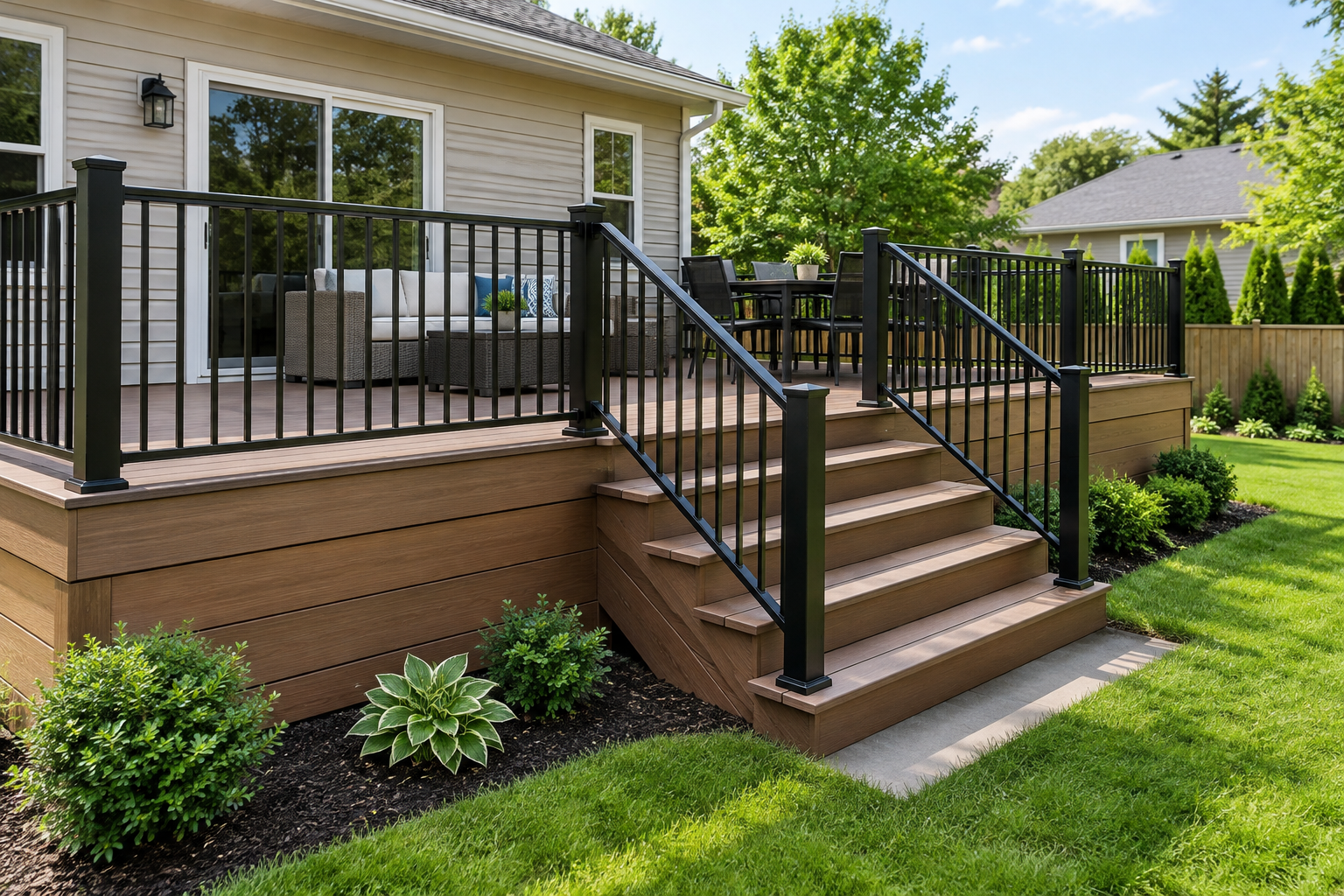 Backyard deck replacement with wide composite boards, new railing, and stairs to landscaped yard