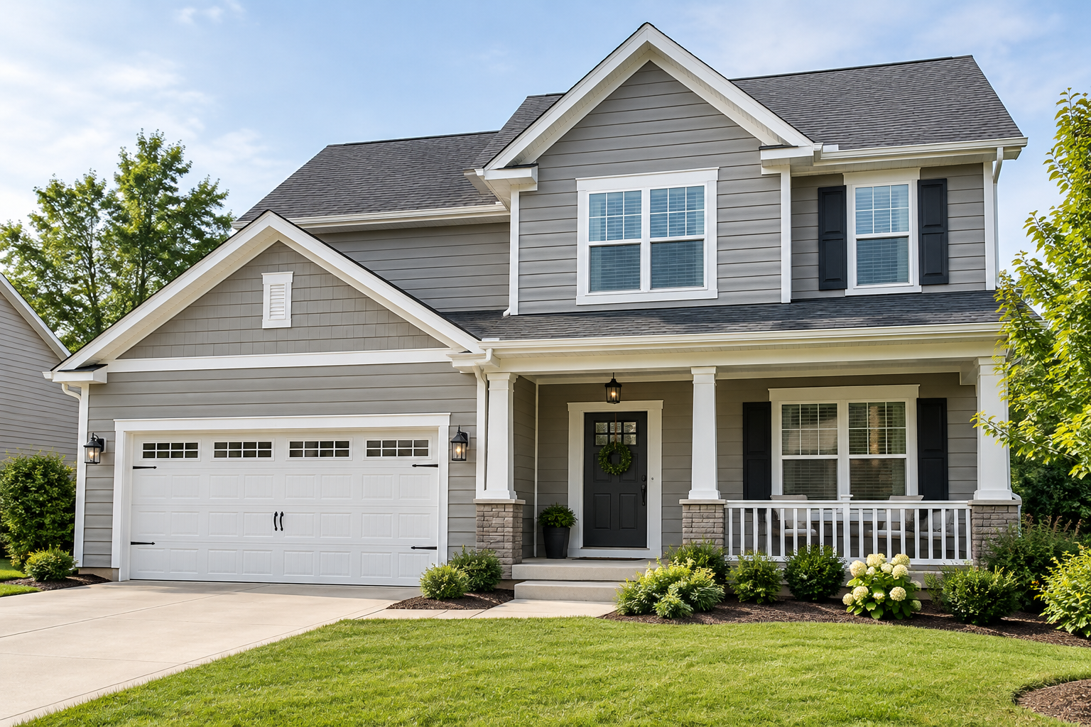 Two-story home exterior improvement with new siding, trim repair, and fresh neutral paint