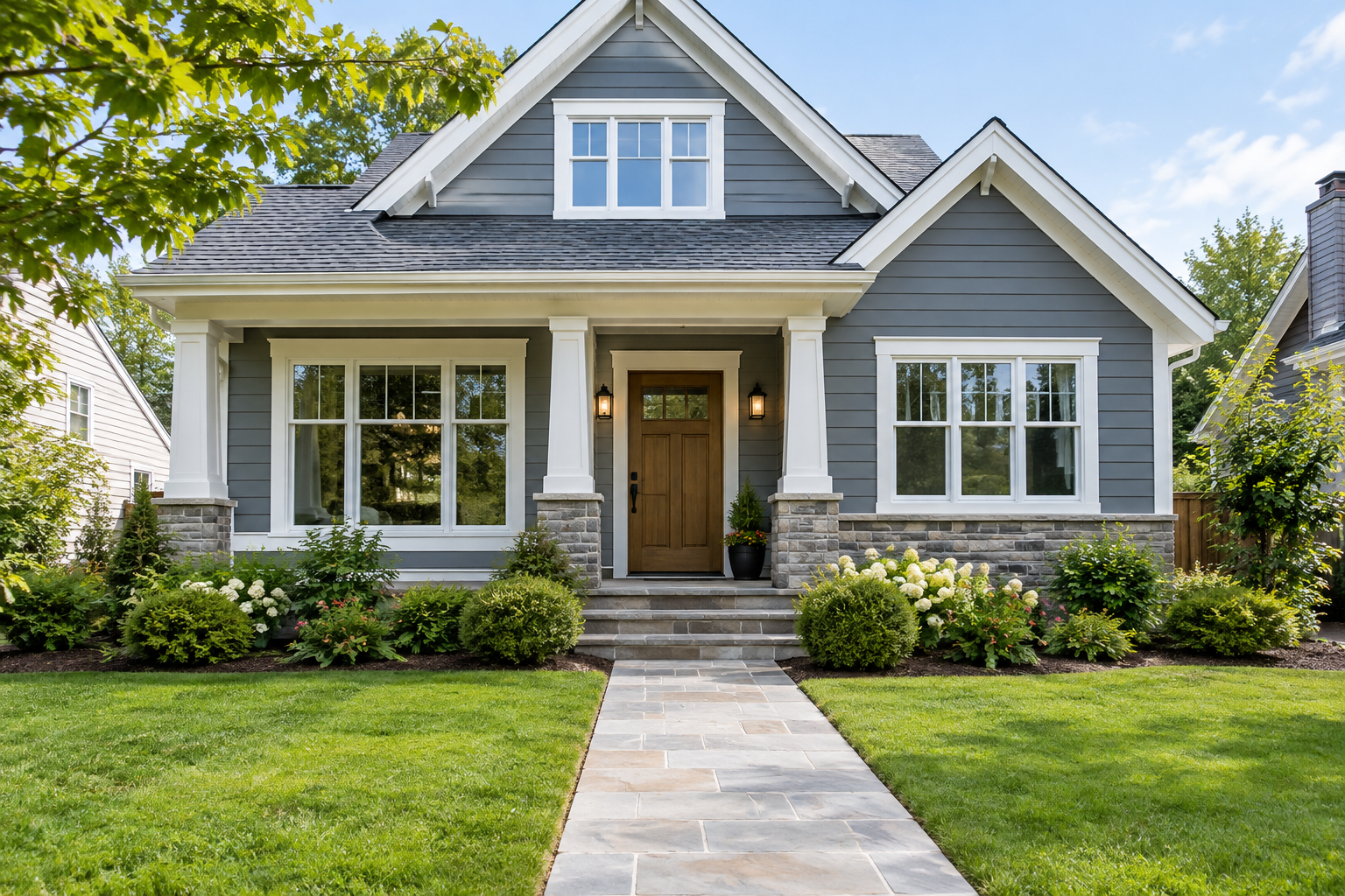 Completed residential renovation with a modernized exterior, updated windows, and clean landscaping