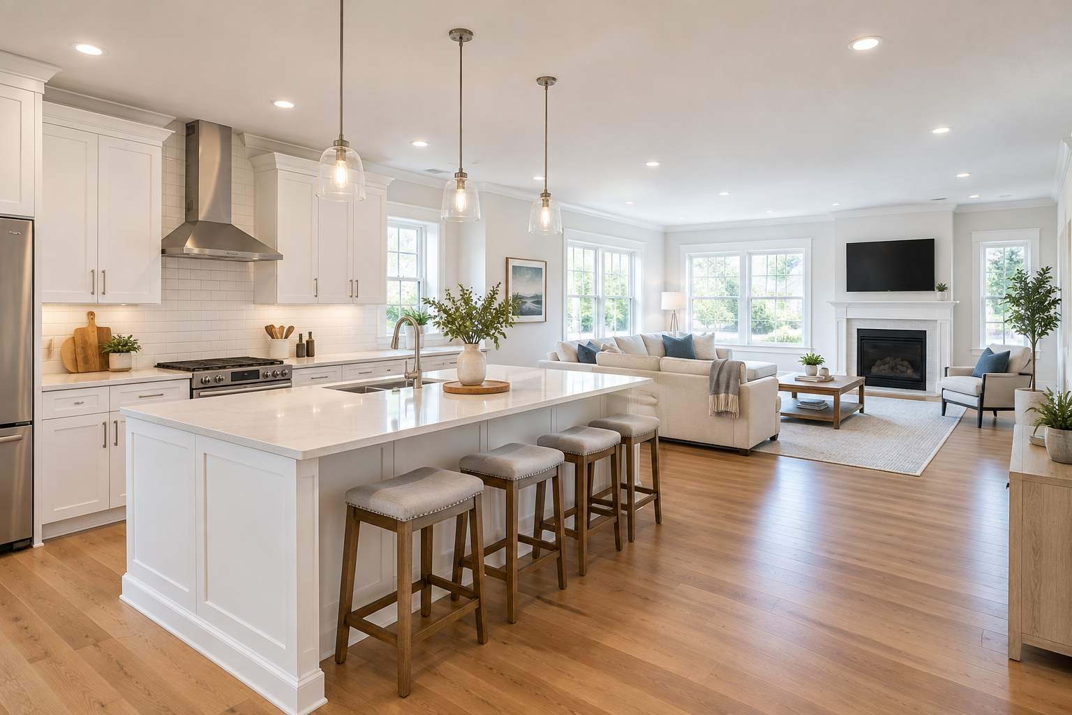 Bright open-concept kitchen and living renovation with custom cabinetry, new flooring, and updated lighting