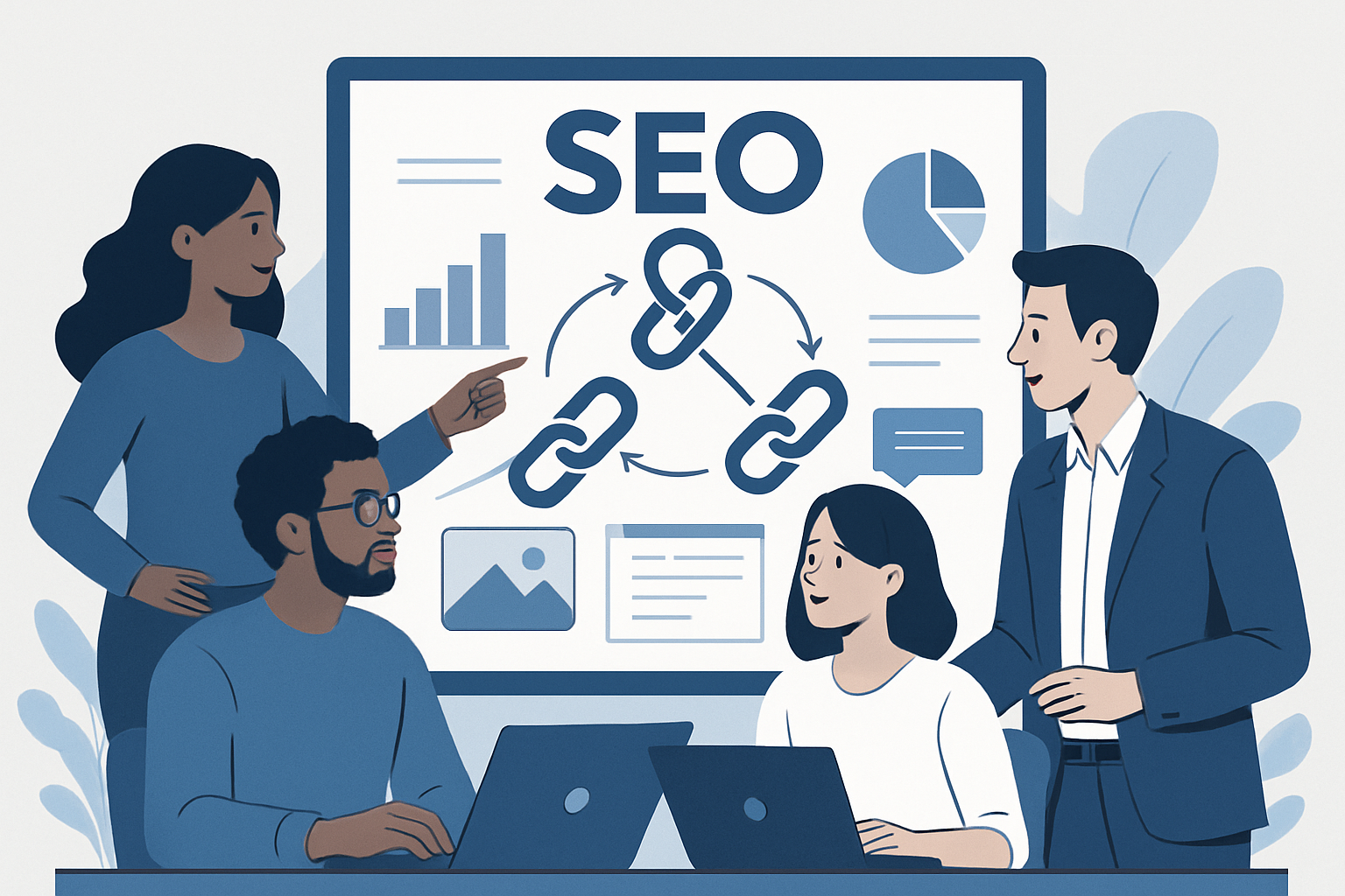 Professionals collaborating on SEO and link building