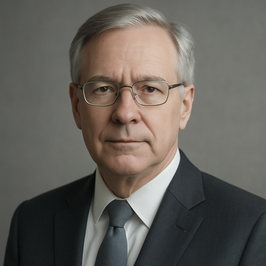 Portrait of Mark Andersen, an older Caucasian man in a suit, professional photography, neutral background, refined and trustworthy mood, cool gray and silver tones, soft lighting