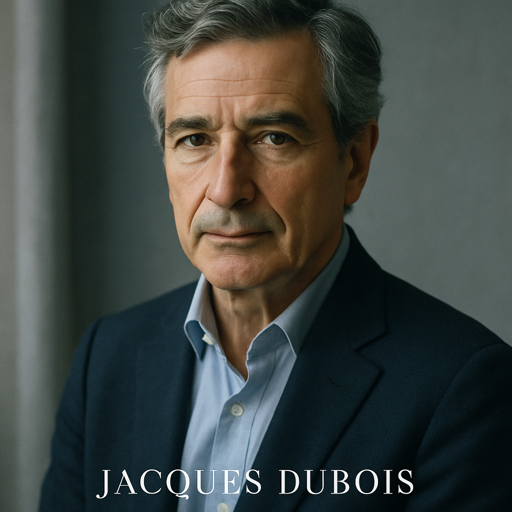 Portrait of Jacques Dubois, a mature French man with salt-and-pepper hair, elegant dark blazer, sophisticated and editorial, neutral gray and blue palette, soft window lighting