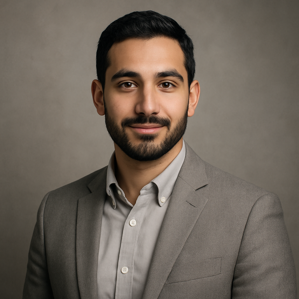Portrait of Omar Rahman, a young Middle Eastern man with a trimmed beard, business casual, friendly and professional, subtle silver and taupe tones, modern editorial lighting