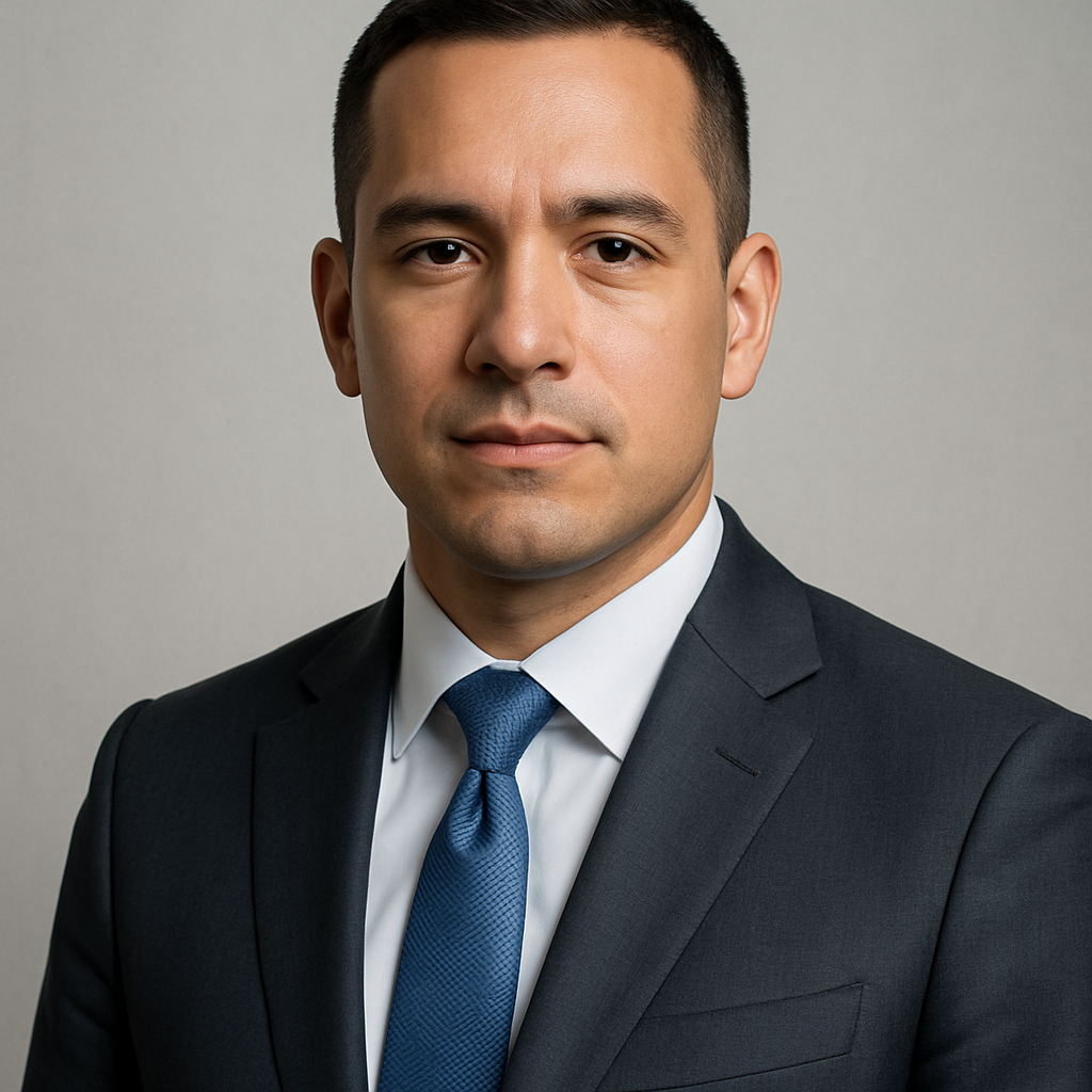 Portrait of Carlos Martinez, a Latino man with short hair, suit and tie, composed and confident, neutral background, refined style, silver and blue tones, clean editorial lighting