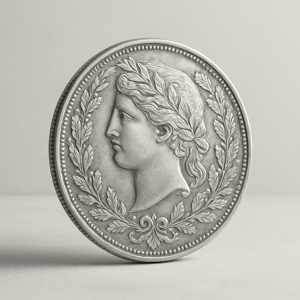 Large hero silver coin with intricate engraving, premium editorial style