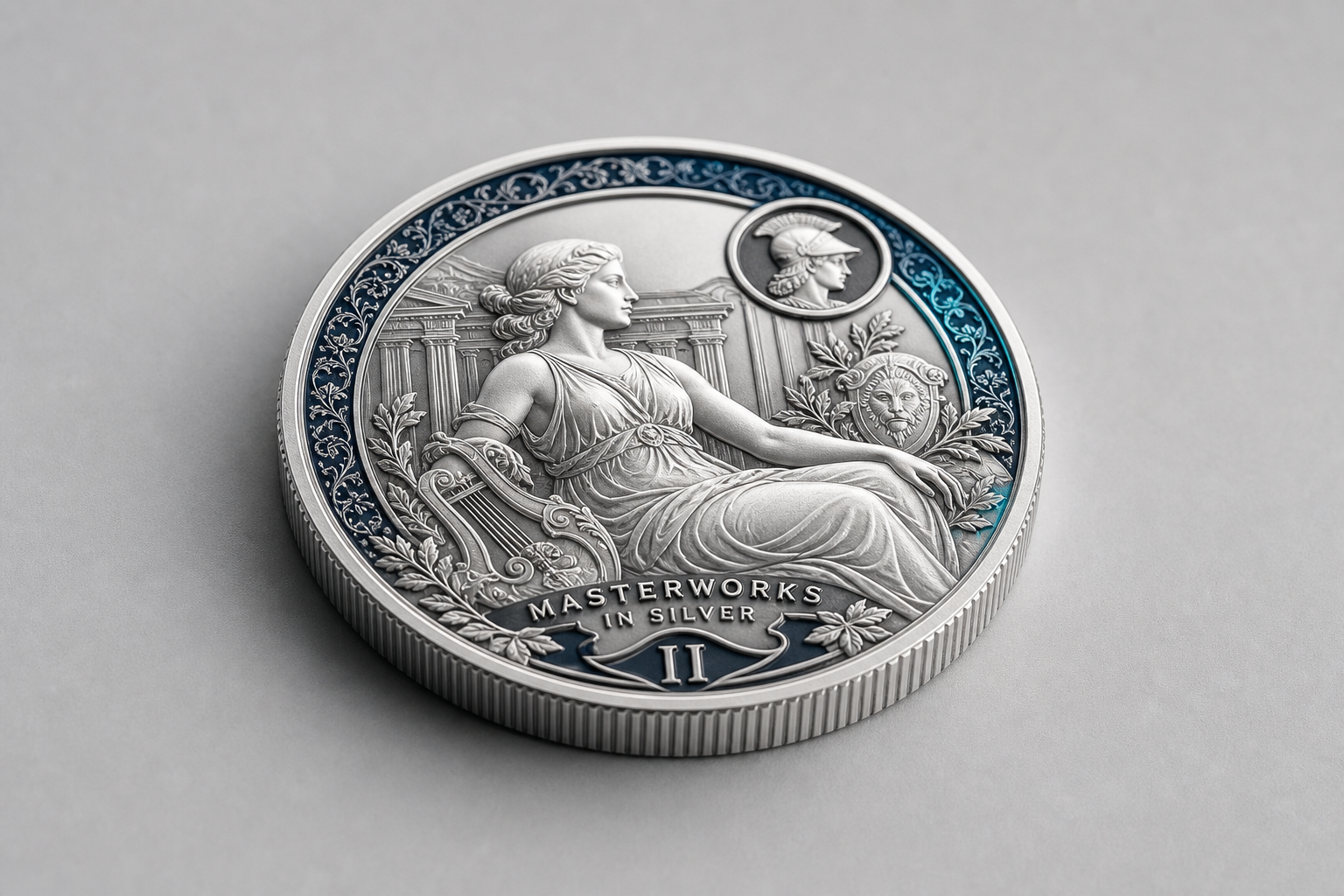 Masterworks in Silver II coin photographed at a low angle with crisp relief on a cool light grey surface