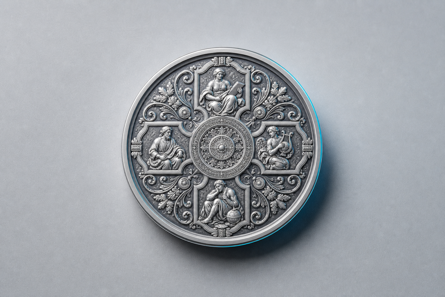 Masterworks in Silver II coin reverse side with cyan accent reflections, studio-lit on light grey
